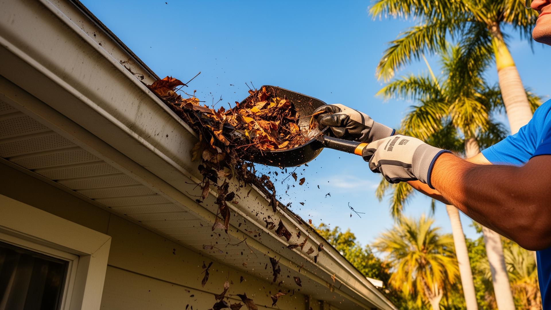 Gutter cleaning technician scooping leaves from a Port Charlotte FL home