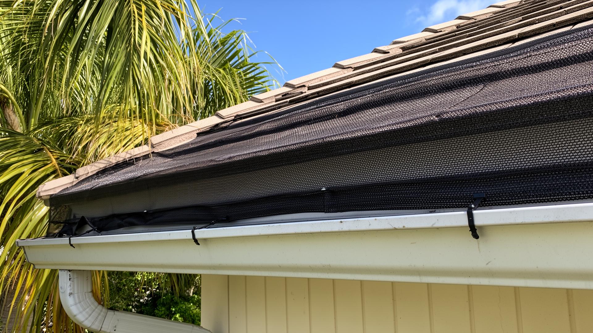 Black mesh leaf guard system installed on an aluminum gutter in Port Charlotte FL
