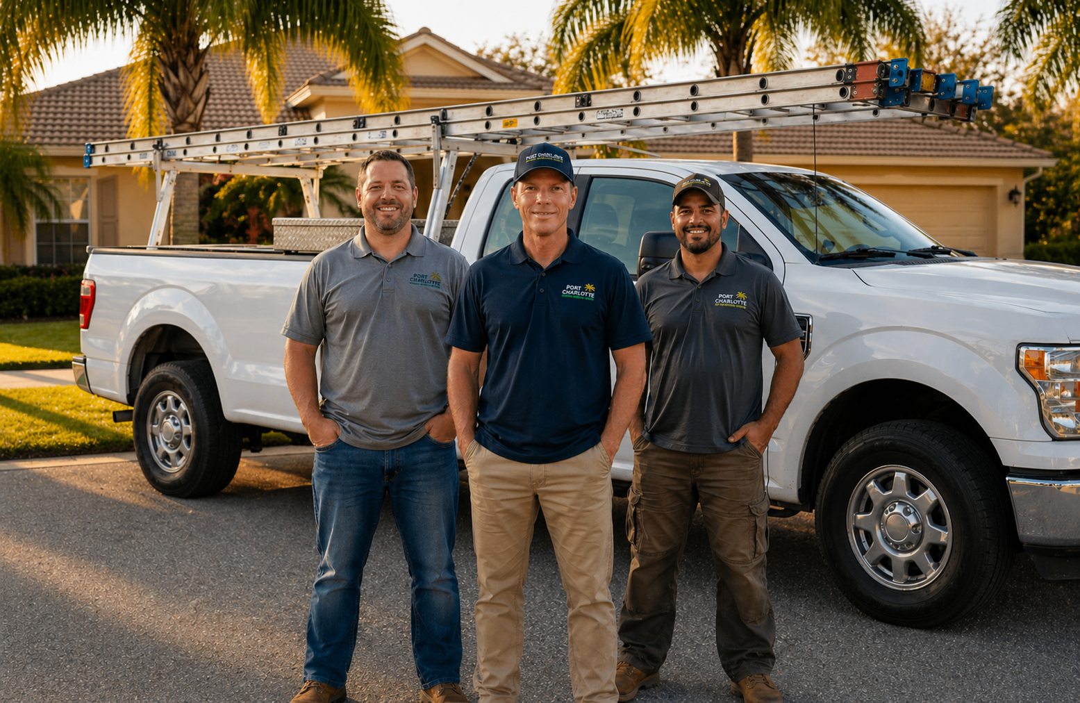 Michael and the Port Charlotte Gutter Cleaning Service team with the company truck in Port Charlotte, FL